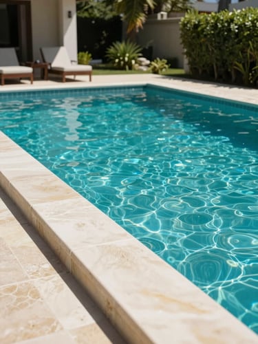 Close environmental shot of the private swimming pool edge at Royal Pool Villa Umbarmali — pool water vivid blue-green in midday light, smooth stone coping, garden greenery visible behind, bungalow structure partially in frame, no people, wide aspect showing plot scale and real site conditions