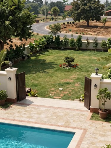 Wide environmental shot from the entry gate of a villa plot in Umbarmali near Kasara, midday natural light, showing plot perimeter, garden boundary trees, and the private pool edge in the foreground, neighboring road and open land visible in the background, no staging