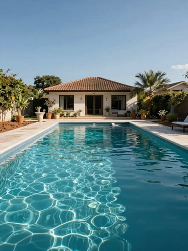 Wide-angle view from pool edge looking toward the bungalow and garden, midday natural light, water surface in foreground showing full 8x10 pool dimensions, laterite soil plot boundary visible on left, clear blue sky overhead — shot to convey actual plot scale and ownership
