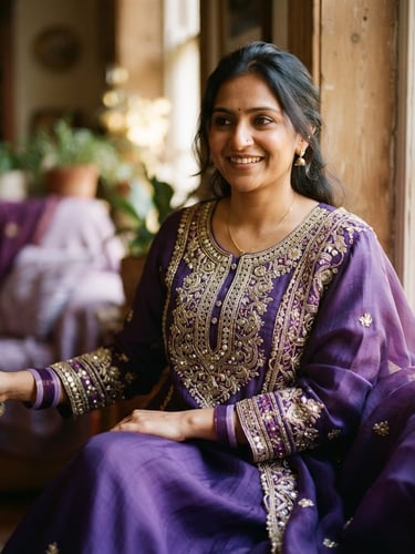 Portrait of a woman wearing a flowing royal purple Kurti with intricate embroidery, soft natural window light, rich purple and lavender undertones, shallow depth of field, 35mm film, garment bleeding to the right edge.
