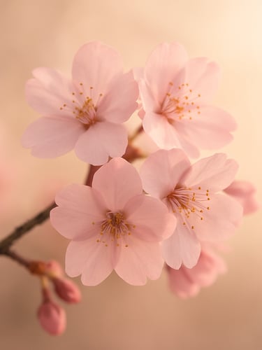 Close-up of delicate pink sakura cherry blossoms in soft morning light, warm cream background, shallow depth of field, 35mm