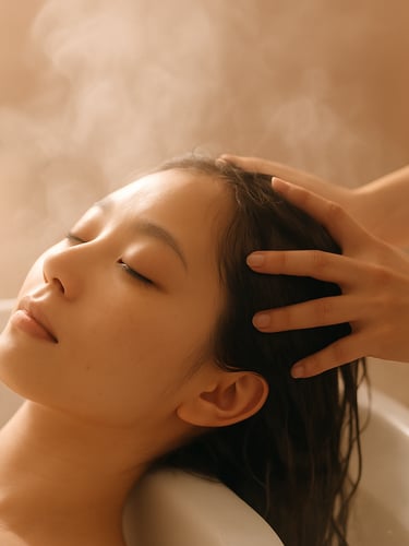 Steam rising softly from a Japanese head spa treatment, warm water trickling over dark hair, hands performing a gentle head massage, warm diffused light, serene atmosphere