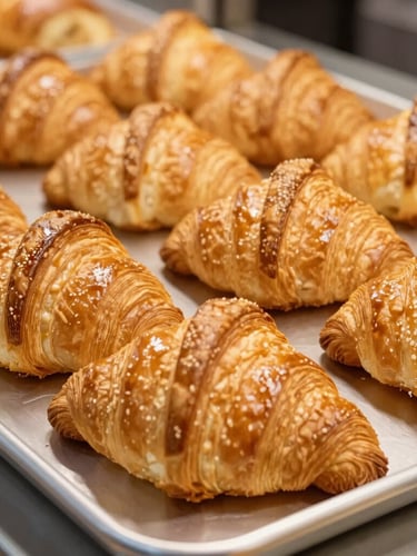 Close-up of perfectly golden, freshly baked croissants and savory pastries arranged in neat rows on a clean stainless steel industrial tray, warm golden studio lighting, sharp focus, appetizing high-detail macro, 50mm