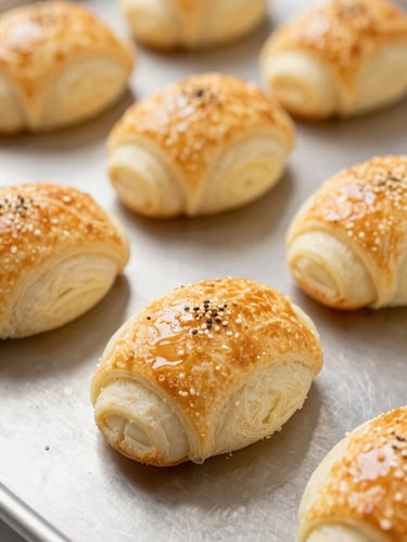 Bright commercial food photography of perfectly golden, freshly baked savory pastries on a clean steel surface, warm studio lighting, sharp focus, 50mm
