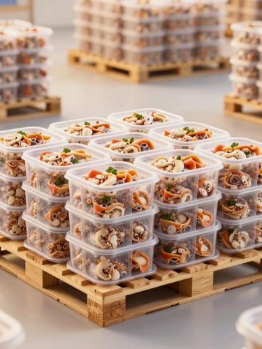 Organized pallets of frozen food boxes inside a clean, modern cold storage warehouse, industrial scale, sharp focus