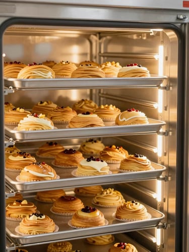 Modern industrial blast chiller inside a clean, hygienic food manufacturing plant, stainless steel shelves with organized trays of pastries