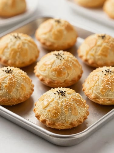 Close-up of golden, freshly baked Brazilian savory pastries on a clean stainless steel tray, warm commercial studio lighting, appetizing details, 50mm sharp focus.