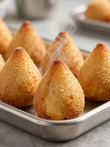 Macro shot of perfectly golden-brown baked Brazilian coxinha and pão de queijo on a clean stainless steel commercial tray, bright warm morning light, appetizing steam