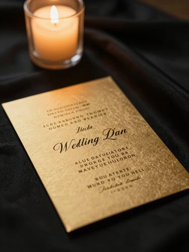 Cinematic close-up of a golden wedding invitation card resting on rich black silk, warm candlelight, soft golden highlights, shallow depth of field.