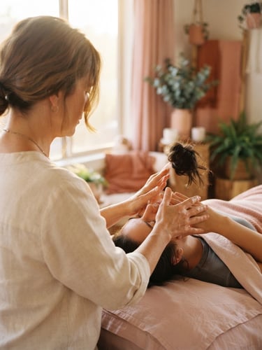 Candid over-the-shoulder shot of Martha guiding a student's hands during a gentle facial massage, warm golden hour sunlight, soft pink tones, 35mm cinematic photography
