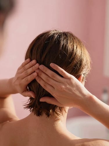 Candid over-the-shoulder shot of hands performing a gentle hair and scalp therapy, warm natural sunlight, soft focus
