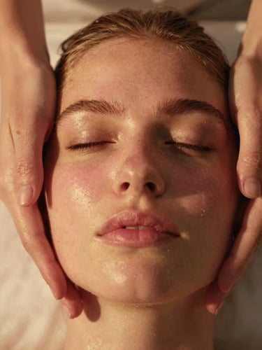 Close-up of healthy, glowing skin after a facial treatment, hands gently framing the face, warm golden hour lighting, cinematic texture