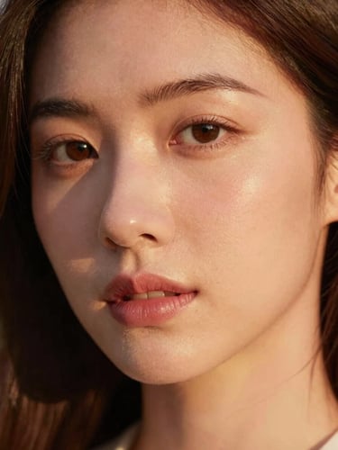Close-up portrait of a woman with glowing, healthy skin, soft warm golden hour light, shallow depth of field, 35mm