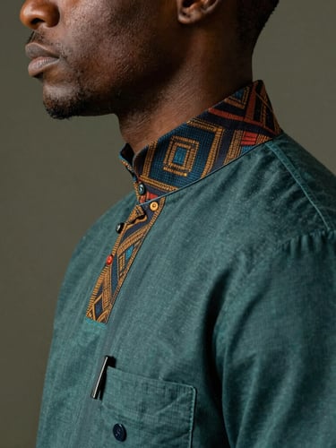 Vue de profil d'un médecin en blouse médicale haut de gamme avec des détails en tissu Faso Dan Fani sur le col, éclairage de studio contrasté mettant en valeur la texture du tissage.