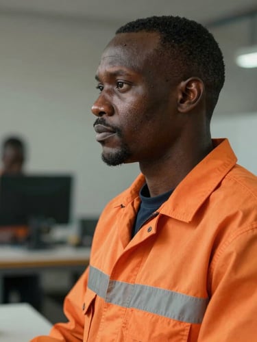 Vue de profil d'un ingénieur portant une veste de protection technique marine avec des détails discrets en Faso Dan Fani orange, lumière naturelle contrastée, atelier moderne en arrière-plan flou.
