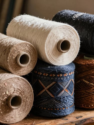 Close-up of raw textile rolls of Faso Dan Fani and Koko Dunda stacked neatly on a wooden table in the Ouagadougou workshop, warm natural light.
