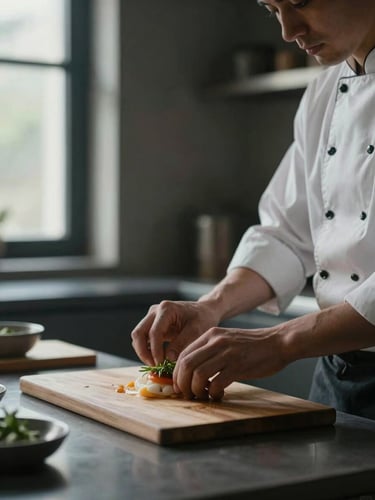 A quiet kitchen scene, chef's hands preparing a dish with absolute focus, soft diffused window lighting, dark moody background