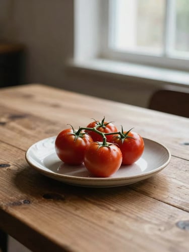 A portrait of a rustic wooden table in a Scandinavian-style restaurant, soft side-lighting from a window, a single ceramic plate with fresh organic tomatoes on the vine, elegant and minimalist composition.