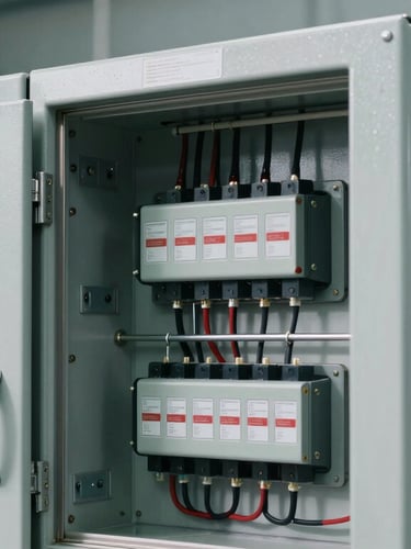 Close-up of industrial high-voltage control panel, complex wiring, safety labels, crisp daylight lighting, professional engineering environment
