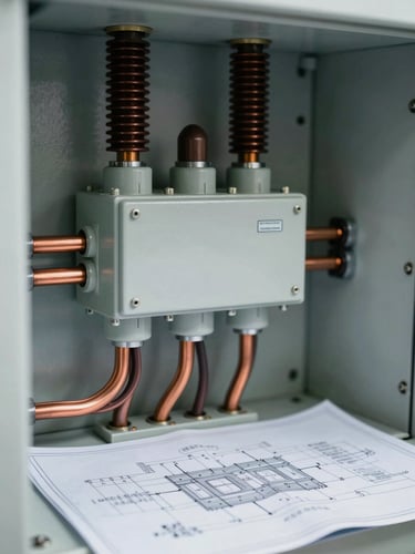Close-up of a high-voltage electrical panel with copper busbars, technical blueprint precision, sharp natural site lighting, cool technical tones