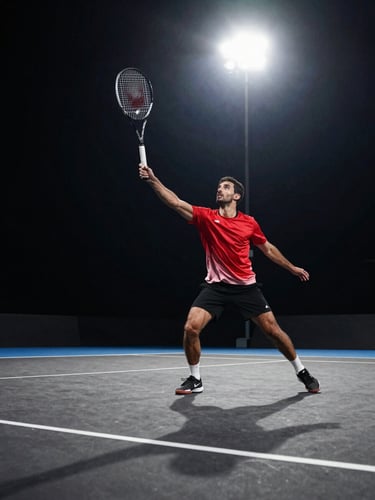 Low-angle dramatic shot of Adil Boutahli serving under intense stadium floodlights, racket frozen at peak impact, high-contrast shadows on a dark hard court