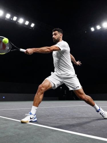 Low-angle action shot of Adil Boutahli striking a powerful backhand on a dark hard court under dramatic stadium floodlights, sharp motion freeze-frame, intense focus
