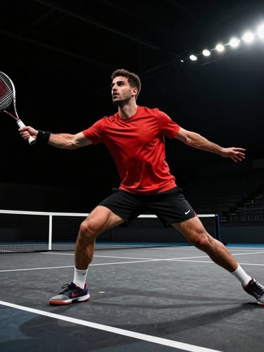 Low-angle dramatic action shot of Adil Boutahli on a dark hard court, racket swung back, intense focus, sharp stadium floodlights, high-contrast shadows.