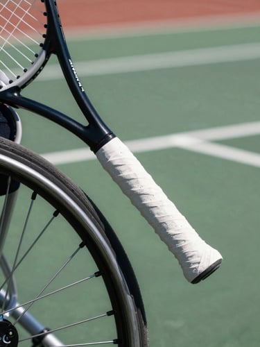 Tight macro crop of a tennis racket grip resting on a wheelchair wheel rim, sharp court lines in the blurred background, direct sunlight.
