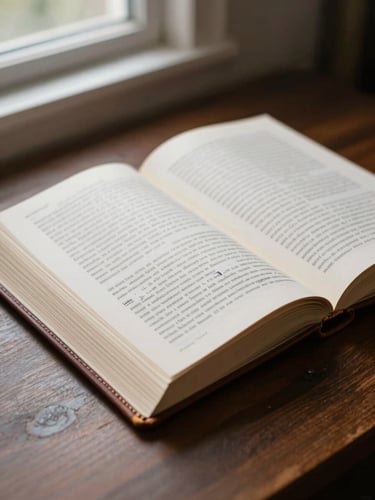 Close-up of a thick leather-bound case volume lying open on a dark wooden desk, pages dense with printed text and handwritten margin notes, soft north-facing window light falling across the spine, no people visible