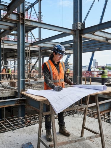 Industrial construction site with steel beams, professional engineer in safety vest and blue helmet inspecting blueprints, sharp daylight, steel blue tone