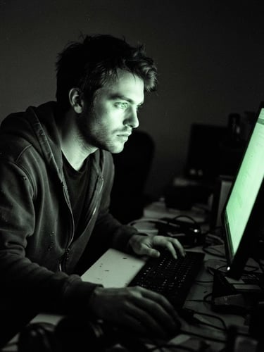 High-contrast grainy monochrome portrait of Jake in a dark room illuminated only by the harsh green glow of a monitor, raw 35mm film aesthetic, Dutch angle