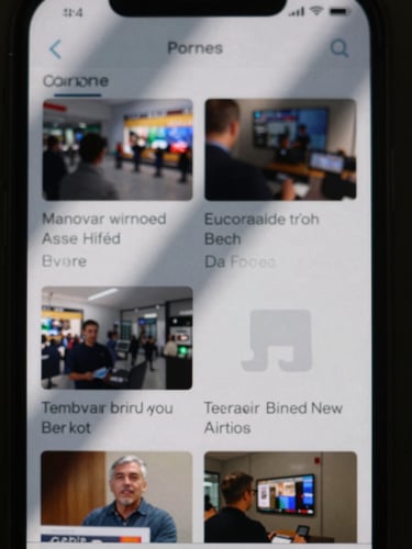 High-contrast, tight macro crop of a smartphone screen displaying a live news feed, natural daylight casting a sharp shadow across the glass, utilitarian grid layout.