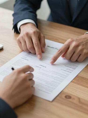 Close-up of two hands — one advisor and one client — pointing at a health plan comparison sheet on a wooden desk, soft daylight from the left, clean and transparent mood