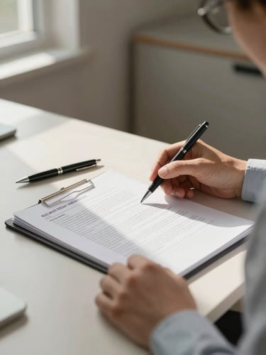 Close medium shot of a consultant's hands resting on an open health plan document on a light desk, natural window light from the left casting soft shadows, a pen placed beside the document, warm-neutral office background slightly out of focus