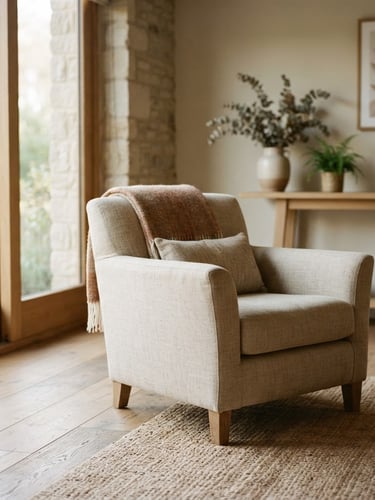 A quiet, empty treatment room with soft, diffused morning light streaming through a large window, a comfortable, textured armchair in the foreground, generous negative space, warm editorial photography, earthy muted tones.