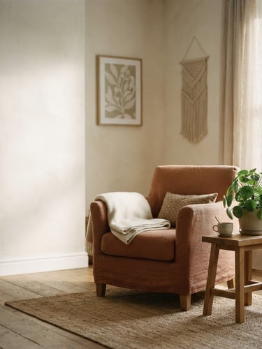 Quiet, sunlit treatment room with soft natural light, a comfortable armchair, and a small plant, seen from a medium-wide environmental perspective, with generous negative space to the left. Earthy muted tones.