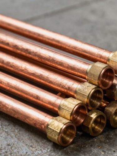 Close-up of industrial copper pipes and brass fittings stacked neatly on a dark concrete floor, sharp lighting, high-contrast industrial tones.