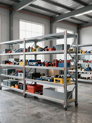 Wide shot of a modern industrial warehouse interior, heavy duty steel racks filled with tools and building materials, bright daylight coming from high windows, clean concrete floor