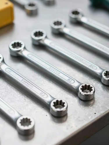 Primer plano de herramientas de medición y llaves inglesas sobre mesa de trabajo metálica, iluminación brillante de taller, enfoque nítido de nivel industrial.