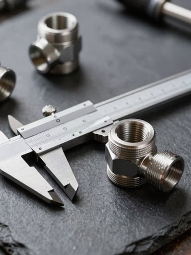 Close-up of industrial steel pipe fittings and calipers on a dark slate workbench, sharp focus, dynamic lighting, professional workshop environment