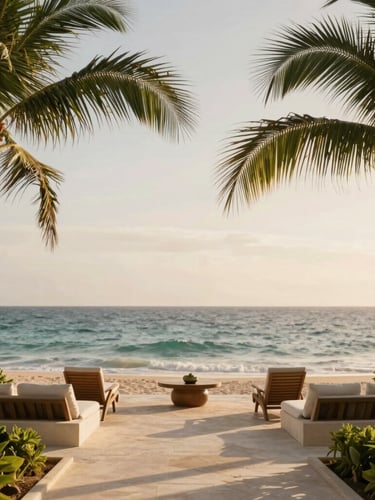 Cinematic architectural shot of an exclusive oceanfront villa venue in Riviera Maya, warm coastal haze, palms framing the view.