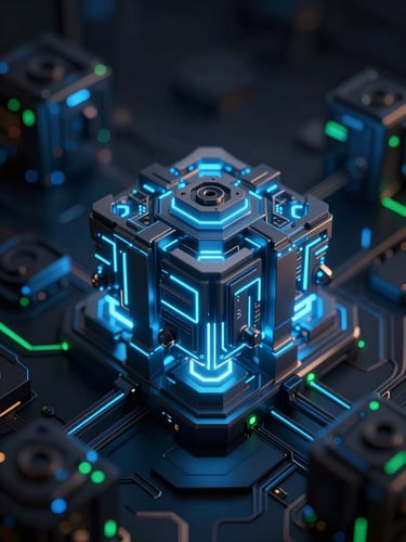 Abstract 3D render of a secure cryptographic node, glowing cool blue neon lines, dark geometric metallic structures, low-key architectural lighting