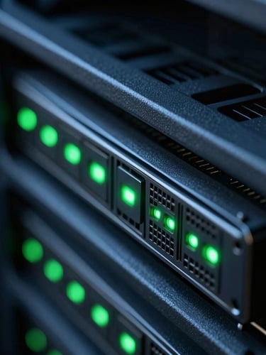 Extreme close-up macro shot of a sleek server rack node, glowing cybernetic green indicator lights, dark low-key technical environment, ultra-sharp details