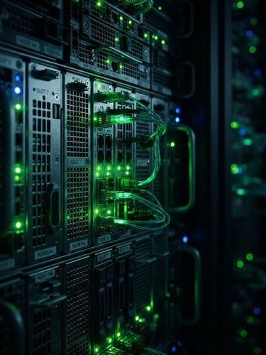 Extreme close-up of high-performance server racks in a dark data center, sharp cybernetic green indicator lights, low-key dramatic lighting, ultra-sharp macro details, octane render
