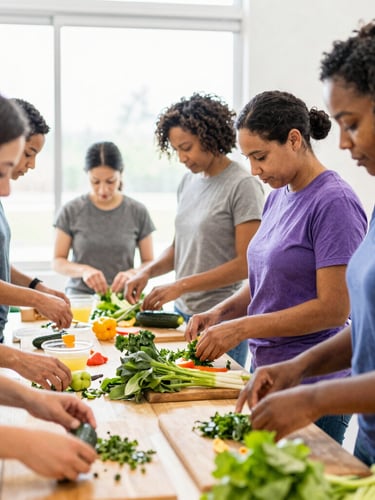 Hands-on nutrition workshop in Indiana, diverse community members learning to prepare fresh vegetables together, soft natural daylight, 35mm