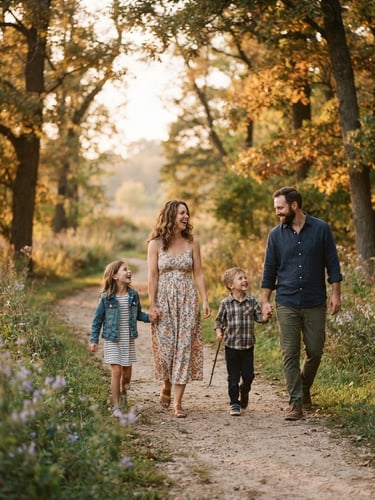 Warm editorial portrait of an active family walking through a sunlit Indiana park, soft golden-hour light, candid moment, 35mm photography style.