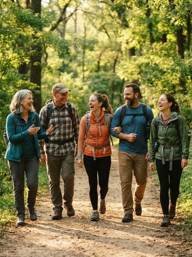 Candid medium shot of an active Indiana walking group laughing together on a sunlit trail in a lush green state park, soft golden-hour light, warm editorial style, 35mm