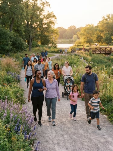 A warm, candid photograph of an outdoor community walking group in an Indiana park, soft golden hour light, diverse active families, 35mm editorial style