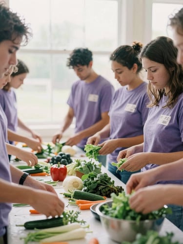 A vibrant community nutrition workshop in Indiana, hands-on cooking demonstration with fresh vegetables, warm natural overcast light, candid, 35mm