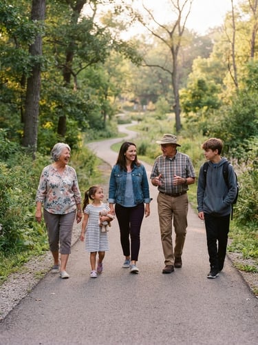 Candid medium shot of an active multi-generational walking group in a lush green Indiana park, warm golden-hour light, soft lavender tones, 35mm